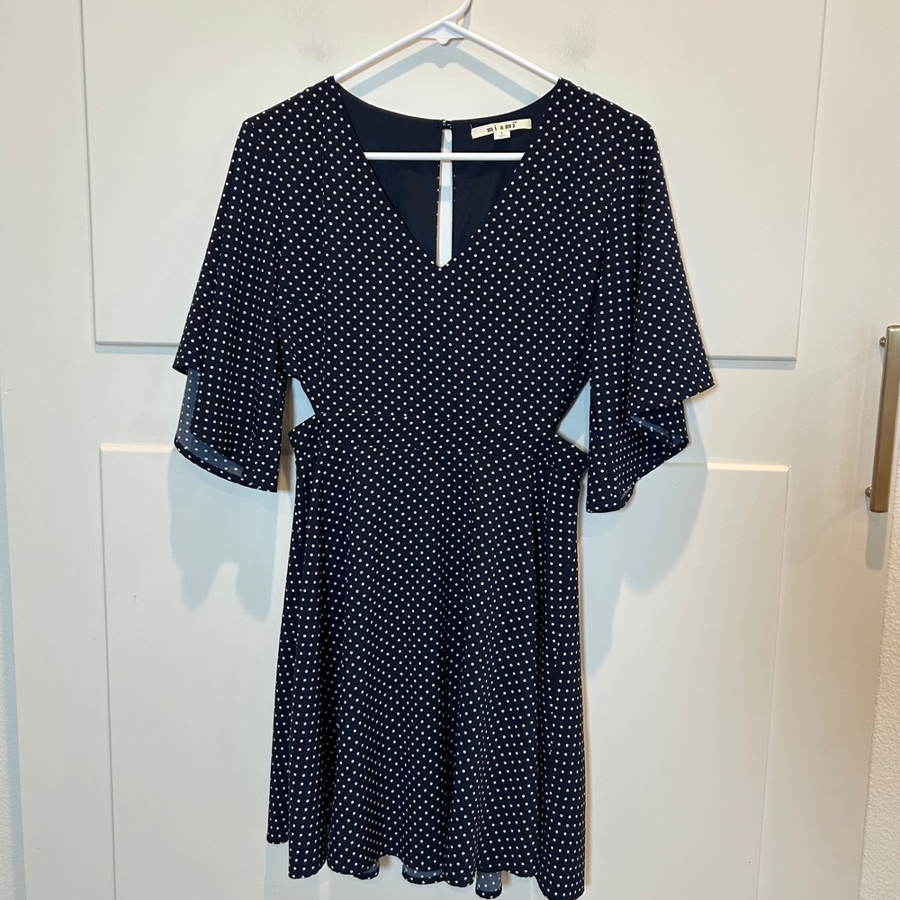 Miami Navy Polka Dot Cut Out Flutter Sleeve‎ V Neck Mini Dress Size S